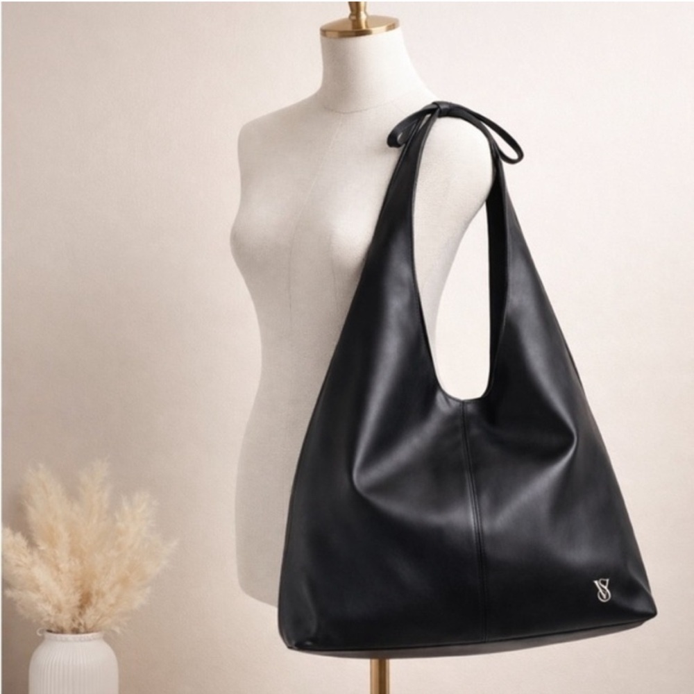 Brand New Victoria's Secret Black Faux Leather Hobo Slouchy Shoulder Bag Bow